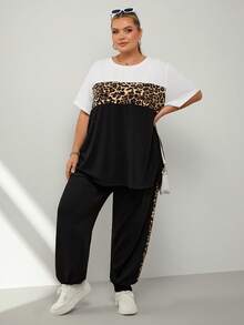 SHEIN CURVE+ Plus Size Casual Solid Color Batwing Top And Floral Print Pants 2 Piece Set,Vacation/Summer/Spring - Multicolor - View 6