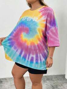 SHEIN CURVE+ Curve 尺码 US22 音乐节、海滨度假、波西米亚夏季休闲扎染圆领落肩宽松T恤 - 彩色 - 查看 6