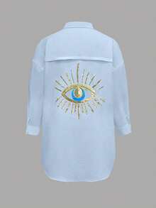 EMERY ROSE 2025 Plus Size Women Sequin Embellished Casual Shirt Dress Fall - Blue - View 3