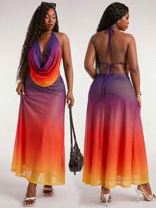 SHEIN SXY Women's Purple Summer Beach Vacation Holiday Two Pieces Set,Multi-Color Gradient Print Mesh Halter Draped Neck Top And Backless A-Line Loose Skirt - Multicolor - View 6