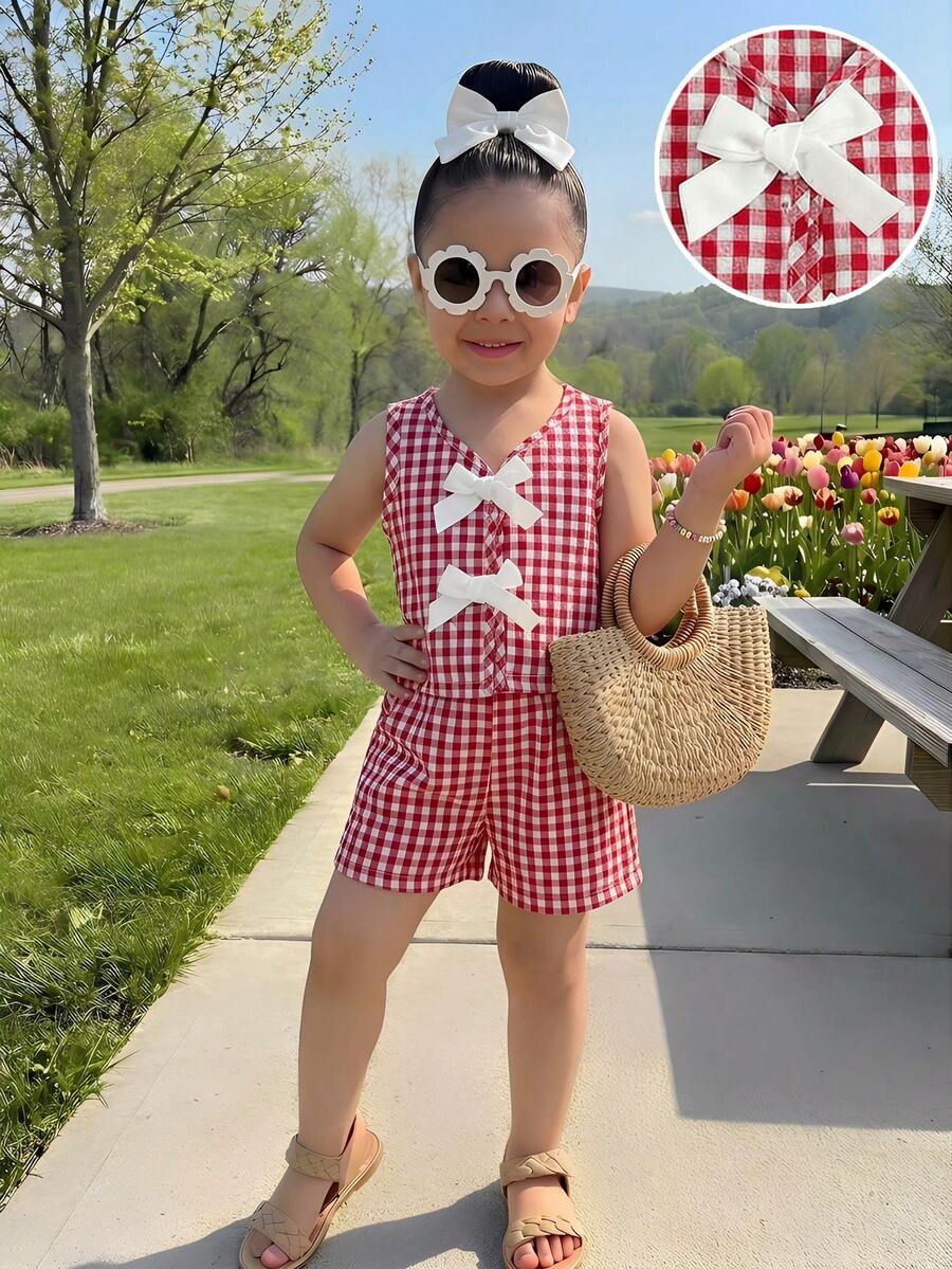 SHEIN 两件套女童条纹圆领上衣和短裤套装 - 紅色 - 查看 1