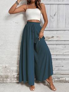 Breezaya Khaki Wide Leg Pants With Waist Bow Decor, Casual Fall Cloth For Women - Blue - View 5
