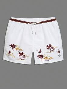 Manfinity Swimmode 男士棕榈树印花抽绳腰带沙滩短裤 - 米色 - 查看 6