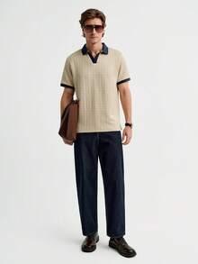 MENRIVO Camisa Polo Casual de Manga Curta com Contraste de Cor para Homens - Caqui - Visão 3