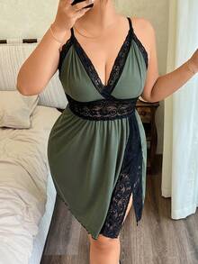 Napfluff CURVE Napfluff CURVE Đầm hai dây cỡ lớn màu xanh ô liu viền ren, xẻ tà, thắt eo. - Màu xanh lá cây đậm - Xem 3