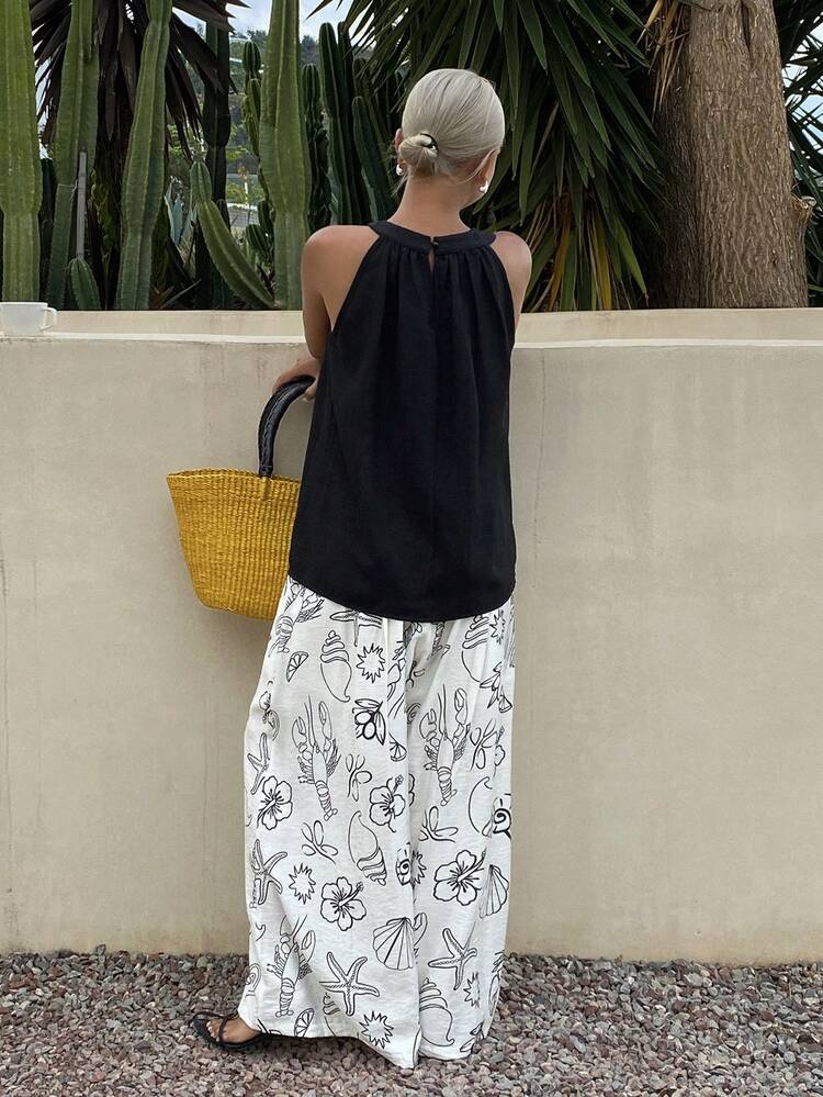 Women's Solid Color Halter Top And Wide Leg Starfish Print Pants 2 Pieces Set