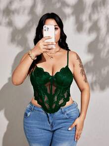 Viva Relle Plus Size Sexy Everyday Wear Underwire Fishbone Lace Mesh Patchwork Bow Camisole - Dark Green - View 3