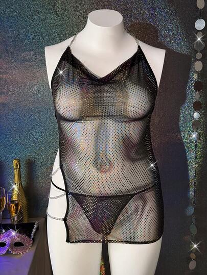 两件套女士性感亮片网纱睡衣套装，魅力夜店风