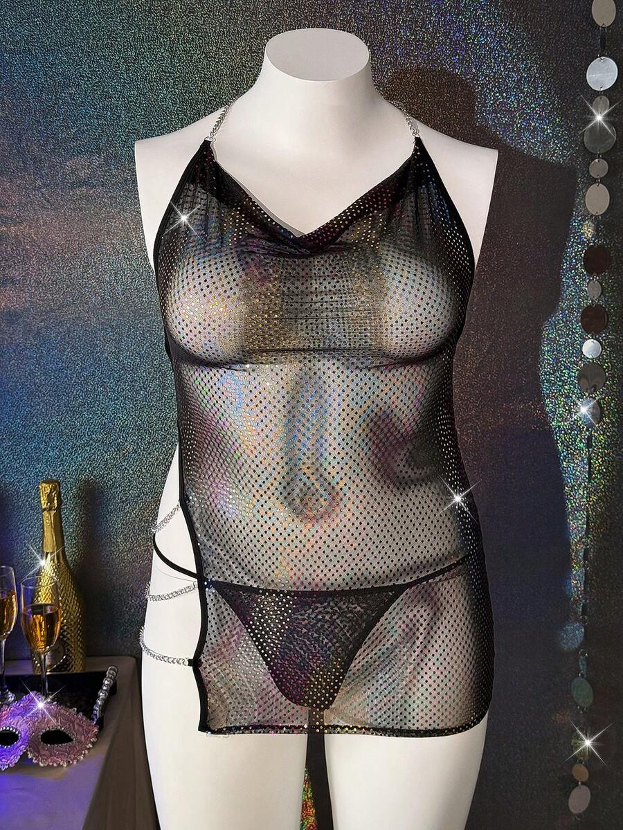 两件套女士性感亮片网纱睡衣套装，魅力夜店风 - 彩色 - 查看 1