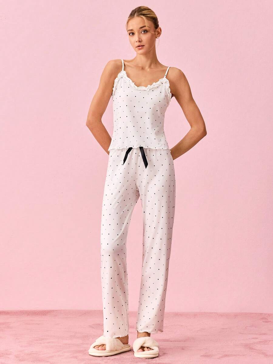 Bonmuse Ruffle Edge Polka Dot Print Camisole & Long Pants Pajama Setfor Summer - Multicolor - View 1