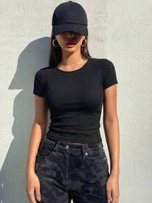DAZY 女士纯色圆领短袖修身休闲罗纹T恤 夏季 - 黑色 - 查看 5