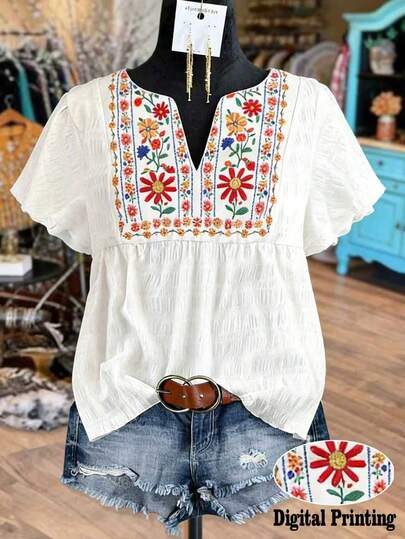 Linhara Camiseta casual de vacaciones con efecto estilizante, de tela transpirable, con mangas con volantes y estampado digital con efecto bordado, talla grande