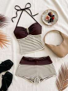 SHEIN PETITE Bộ đồ 2 món dành cho nữ: áo hai dây ngắn kẻ sọc và quần short. - Nhiều màu - Xem 2