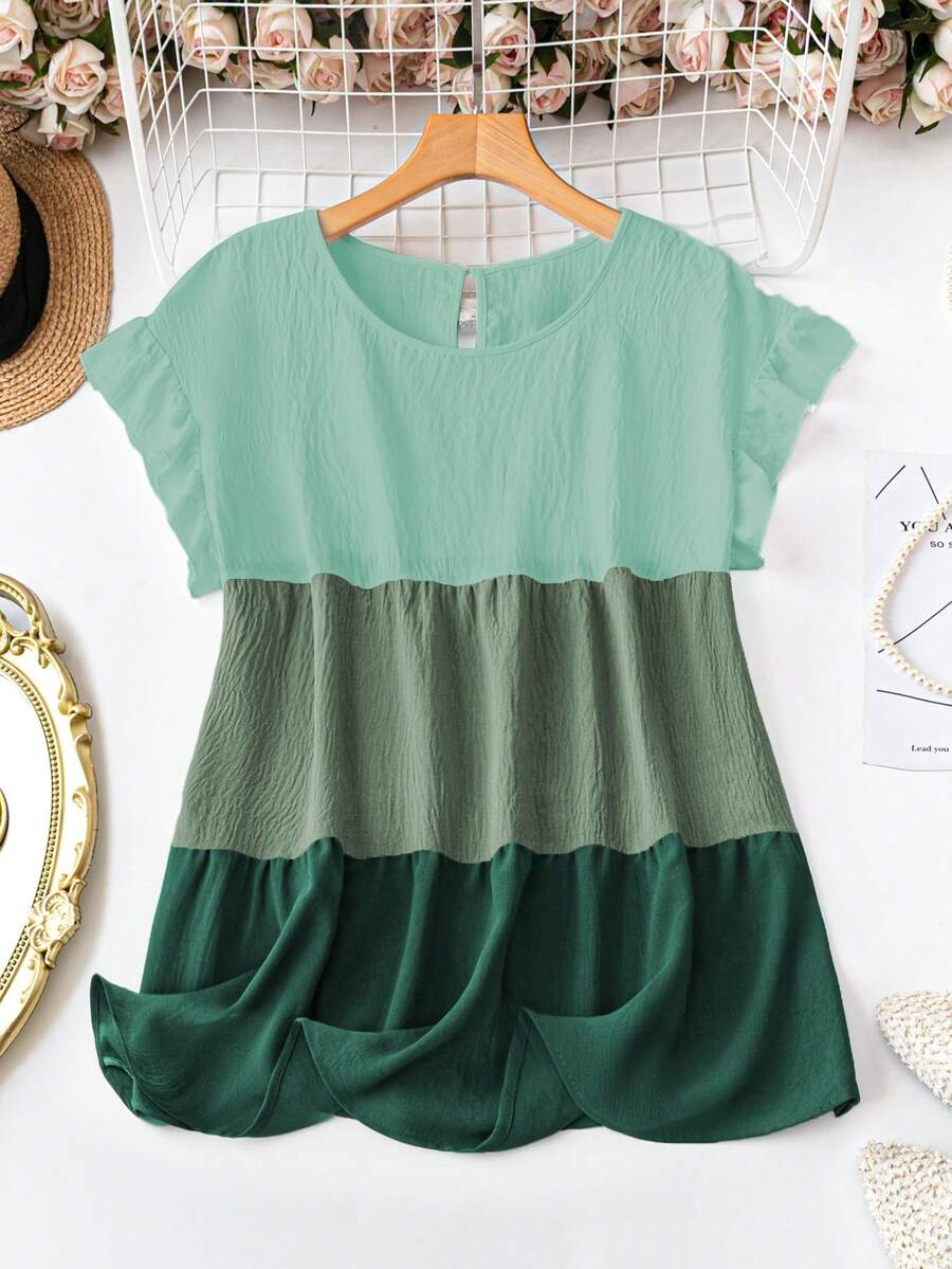 SHEIN LUNE Kemeja Bergaris Blok Warna Kasual Musim Panas untuk Wanita Ukuran Besar - Hijau - View 1