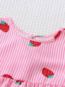SHEIN Elladie kids 两件套少女甜美可爱公主风草莓印花无袖镂空背心和阔腿裤套装，适合日常穿着、亲子活动、派对、度假、返校等场合。 - 粉色 - 查看 4