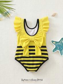 Cozy Pixies Roupa de banho infantil feminina com estampa colorida de laço e ursinho de desenho animado, estilo casual e fofo para praia. - Amarelo - Ver 5
