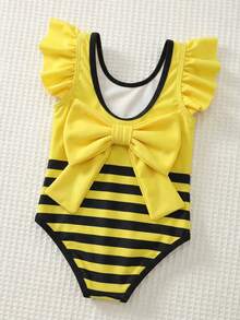 Cozy Pixies Roupa de banho infantil feminina com estampa colorida de laço e ursinho de desenho animado, estilo casual e fofo para praia. - Amarelo - Ver 2