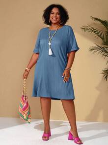 BrightlyHer Plus Size Dusty Blue Summer Boho Vacation Holiday Dress,Solid Round Neck Ruffle Hem Short Sleeve Casual Loose Spring Beach Outfits Country Style - Dusty Blue - View 6