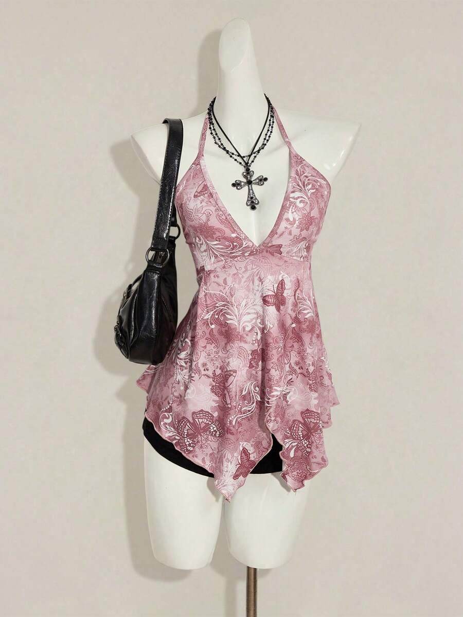 SHEIN ICON 佩斯利印花露背吊带上衣，休闲度假装 - 藕粉色 - 查看 1