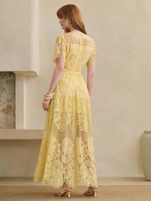 Arave Women's Elegant Lace Round Neck Floral Print Long Dress, Stylish For Date Vacation Yellow Summer - Pale Yellow - View 5