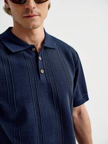 MENRIVO 男士夏季休闲短袖针织上衣老款唯美男士纽扣Polo衫男士针织Polo衫男士Polo衫 - 藏蓝色 - 查看 2