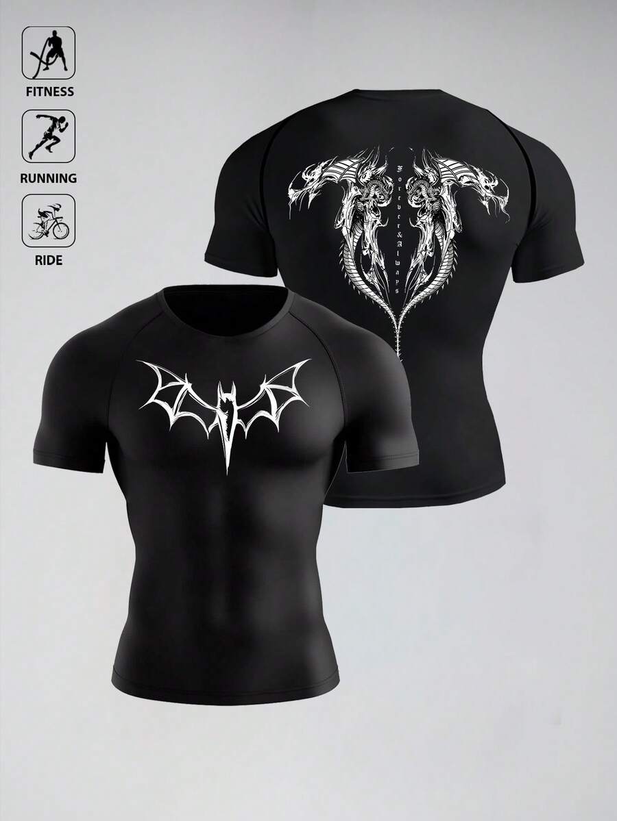 Acti Log Men's Summer Bat Print Raglan Short Sleeve Sports T-Shirt - Black - View 1