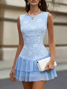 GlowEve Women's Round Neck Jacquard Pleated Color Block Elegant Waist Midi Dress, Suitable For Dates And Parties - Baby Blue - View 7