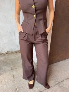 Marta Soriano 1 Set Solid Color Single-Breasted Vest, Pleated Wide-Leg Pants Suit - Brown - View 3