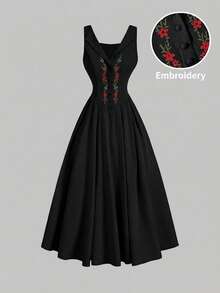 SHEIN MOD Women's V-Neck Sleeveless Fitted Vintage Floral Pattern Elegant Mid-Length Dress - Black - View 3