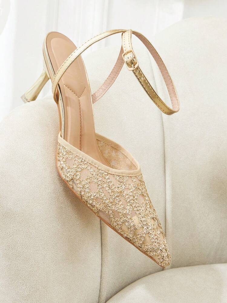 CUCCOO HITCHD New Gold Pointed Thin Heel Hollow Mesh Fashionable And Elegant Women's High Heel Shoes Wedding Season