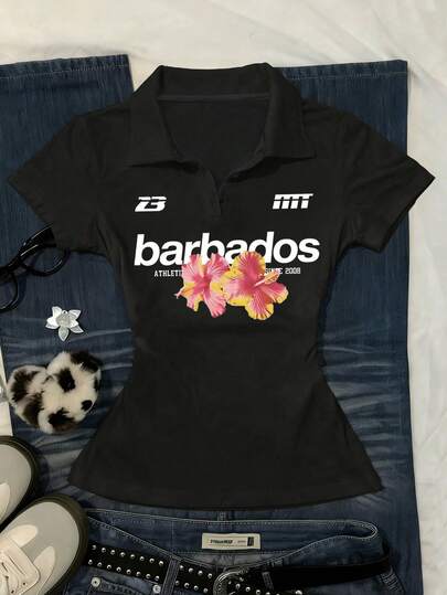 Glimmora Áo thun nữ tay ngắn in chữ và hoa, kiểu dáng thường ngày, đa năng.