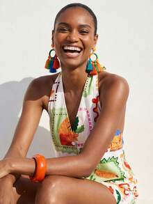 Travachic 2026 New Women's Halter Neck Printed Backless Tie-Up Crop Top + Shorts 2 Pieces Set - Multicolor - View 5