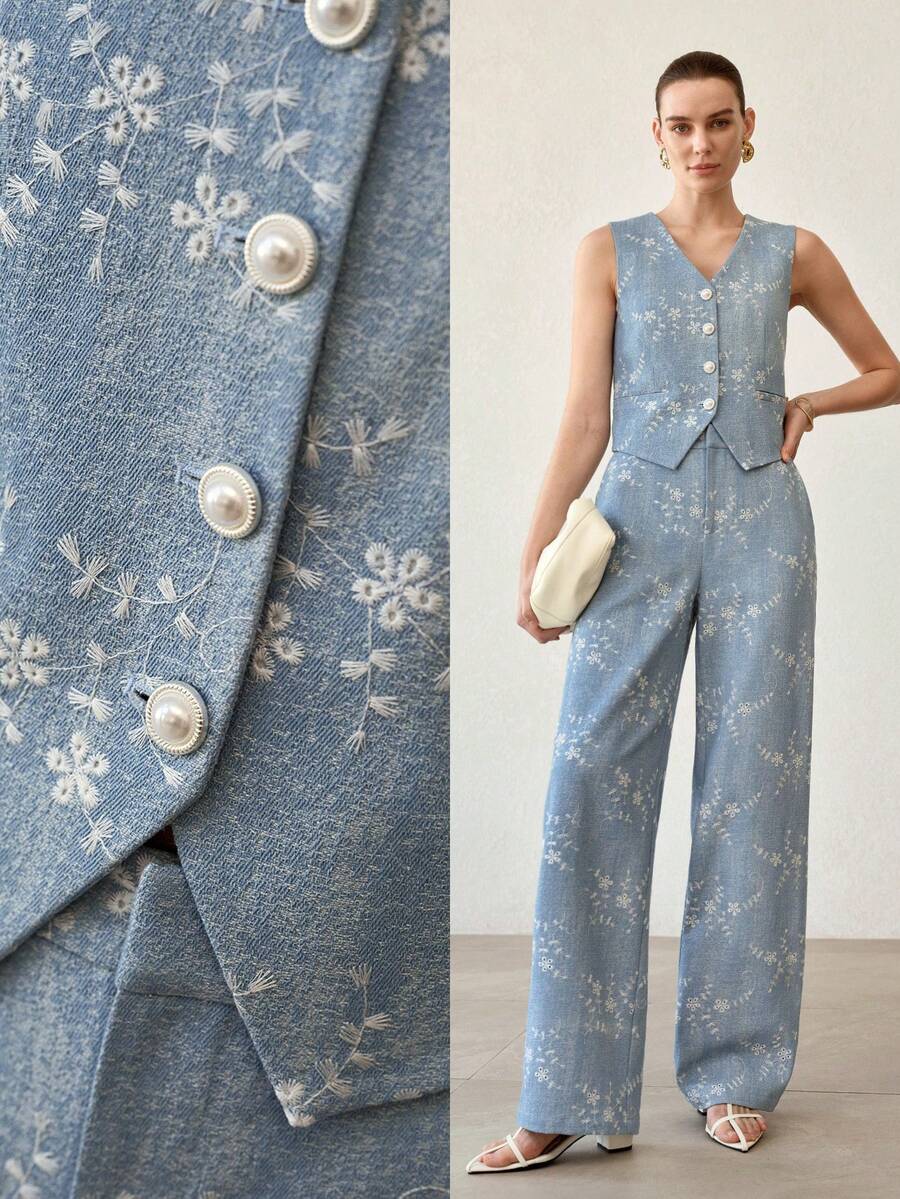 MOTF PREMIUM CHALECO DE MUJER CON BORDADO BOTÁNICO DE UNA SOLA HILERA - Azul - Ver 1