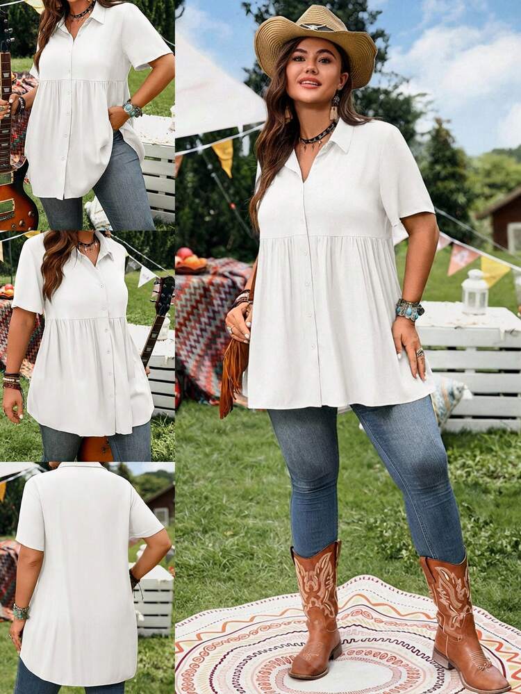 Short Sleeve Blue Button-Up Shirt, Casual Vacation Shirt With Longer Back, Plus Size, Suitable For Spring & Summer
