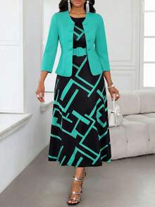 SHEIN Lady 女士纯色单排扣长袖开衫和几何印花休闲连衣裙两件套 - 彩色 - 查看 4