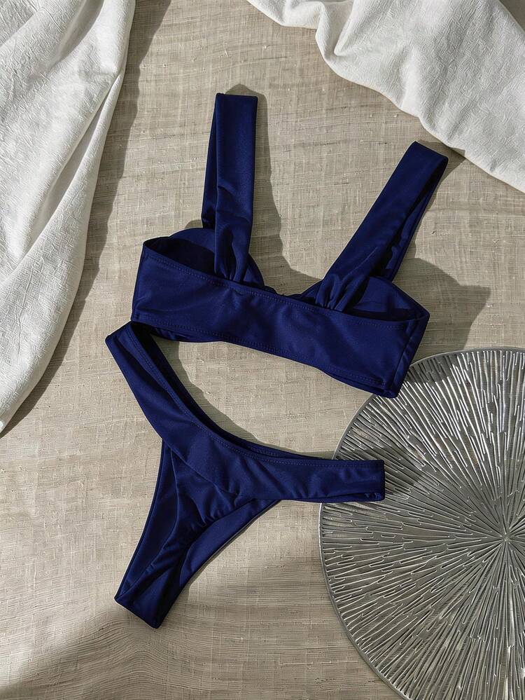 Swim Chiccia Women's Solid Color Thick Strap Metal Decor Vacation Swimsuit Set Zestiva Swimsuit Bikinis Set For Women Yummy Control Bathing Suit - Blue - View 3