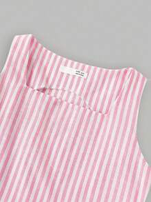 SHEIN Đầm casual kẻ sọc cổ vuông không tay cho bé gái tuổi teen - Hồng - Xem 6