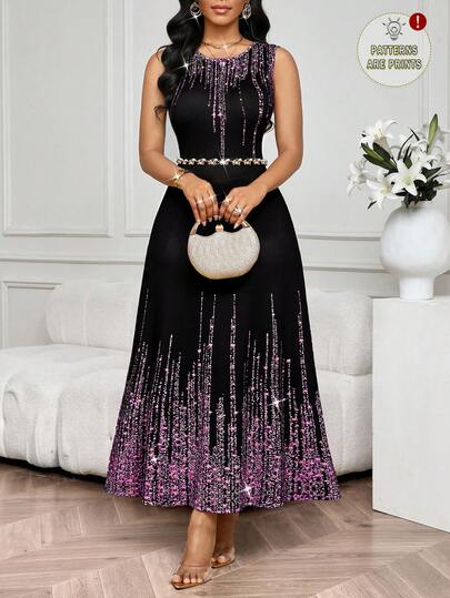 SHEIN Lady 女式闪亮印花圆领无袖优雅连衣裙