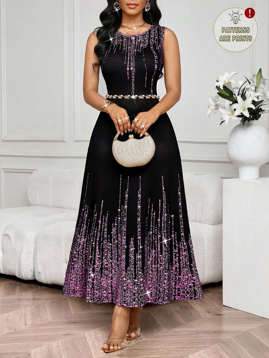 SHEIN Lady 女式闪亮印花圆领无袖优雅连衣裙 - 彩色 - 查看 1