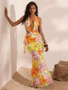 Opulessa Spring & Summer Vacation Knitted Mesh Printed Halter Backless Dress For Women - Light Yellow - View 1