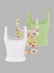 EMERY ROSE 3pcs Plus Size Women's Casual Solid Color & Full Printed Pattern Sleeveless Vest Set, Summer - Multicolor - View 2