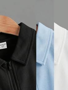 SHEIN 大童男孩 1/4 拉鍊 Polo 衫，白色夏季休閒校園返校穿搭，素色羅紋輕量日常街頭風上衣 - 白色 - 查看 3