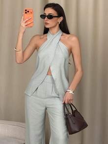DAZY 女士纯色露背吊带交叉露背上衣和阔腿裤优雅度假夏季两件套短款套装 - 灰色 - 查看 8