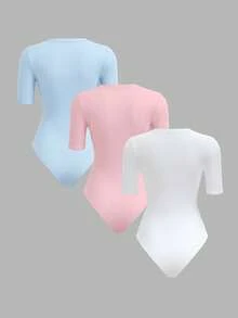 SHEIN BASICS 3件套休闲纯色针织圆领短袖连体衣（女款） - 彩色 - 查看 2