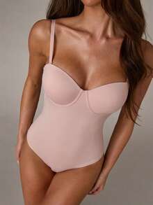 SHEIN BAE 时尚优雅的连体裤，带罩杯设计 - 粉色 - 查看 4
