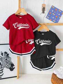 Conjunto de 4 piezas de top de punto de cuello redondo holgado con estampado de letras y pantalones cortos de color contrastante, estilo deportivo casual para bebé niño/niña, adecuado para primavera/verano, interior y exterior, deportes - Multicolor - Ver 7