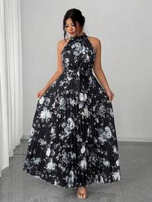 Elenzga Plus Size Women's Elegant Romantic Floral Print Halter Neck Pleated Flowy Waist Maxi Dress - Black - View 6