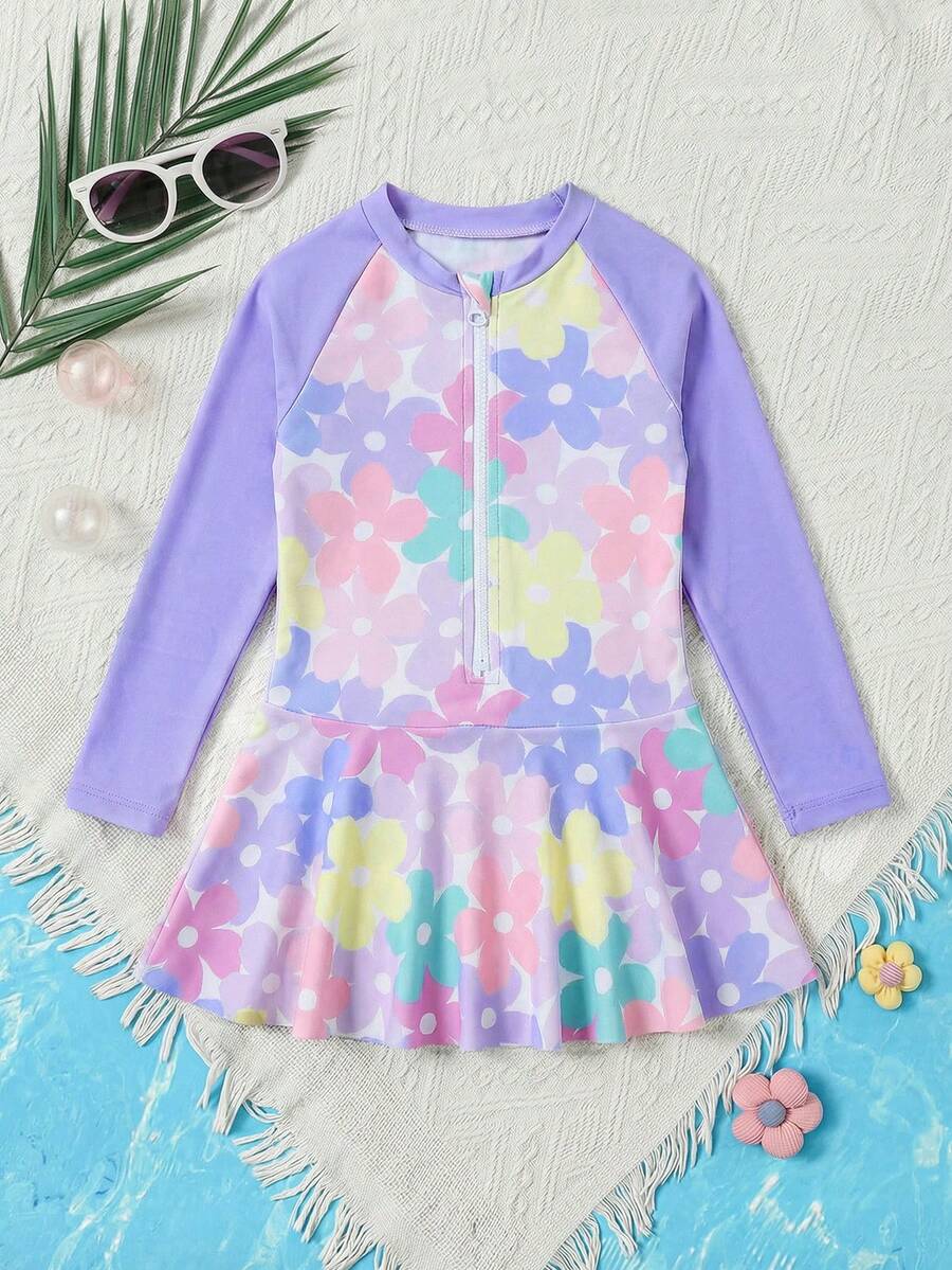 Emery Rose Kids Emery Rose Kids Maiô de Manga Longa com Laço e Estampa Listrada com Zíper para Meninas Jovens, Maiô de Manga Longa para Meninas Jovens, Maiô de Manga Longa para Meninas Jovens, Maiô de Manga Longa para Meninas, Maiô de Manga Longa para Meninas, Maiô de Verão de Manga Longa para Meninas - Roxo - Visão 1
