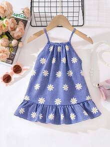 SHEIN Playful Pals 女嬰夏季吊帶洋裝 可愛藍白格紋雛菊印花 吊帶設計 清新藍白花朵 可愛海邊度假 假日日常穿搭 - 彩色 - 查看 5