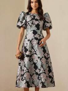 Vestido con cuello en V, mangas con pétalos, cintura ceñida y decoración 3D de rosas románticas francesas para mujeres - Negro 2 - Ver 3